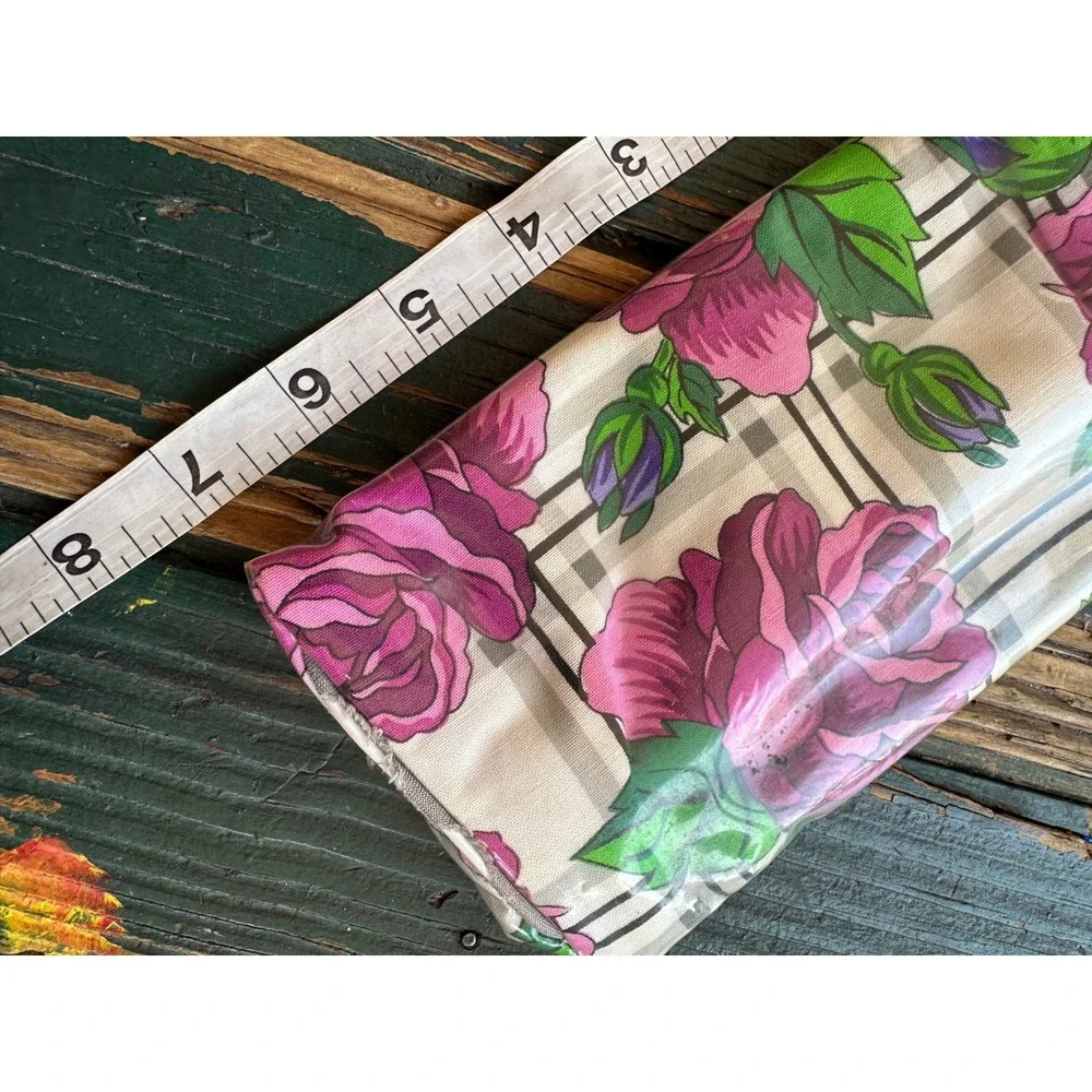 Vintage Oscar de la Renta Floral Plaid Cosmetic Bag Kiss Lock‎ Mirror Makeup